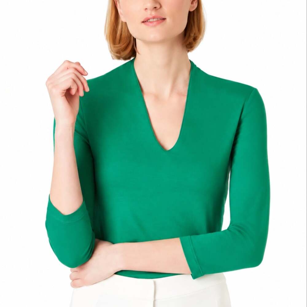 NWT Hobbs London Women's Aimee Green Double Fronted V-Neck Top 3/4 Sleeves (Size